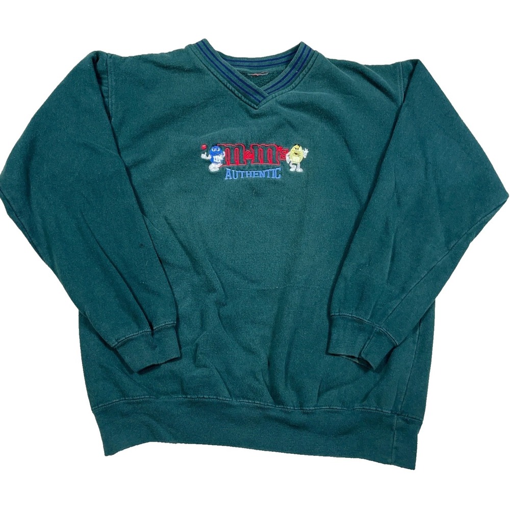 Vintage M&M's‎ Sweatshirt Women Large Green Crewneck Embroidered Faded Hole*